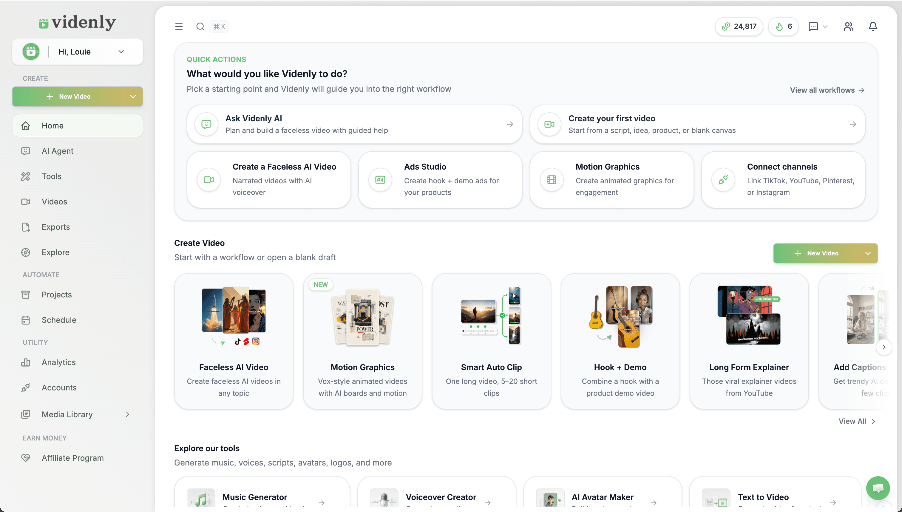 Current Videnly dashboard with video creation workflows and tools