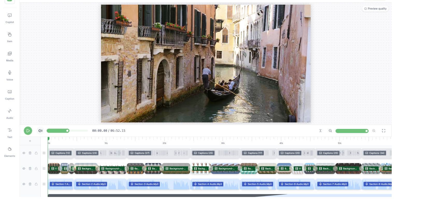 Videnly video editor with scene, caption, voice, and audio controls