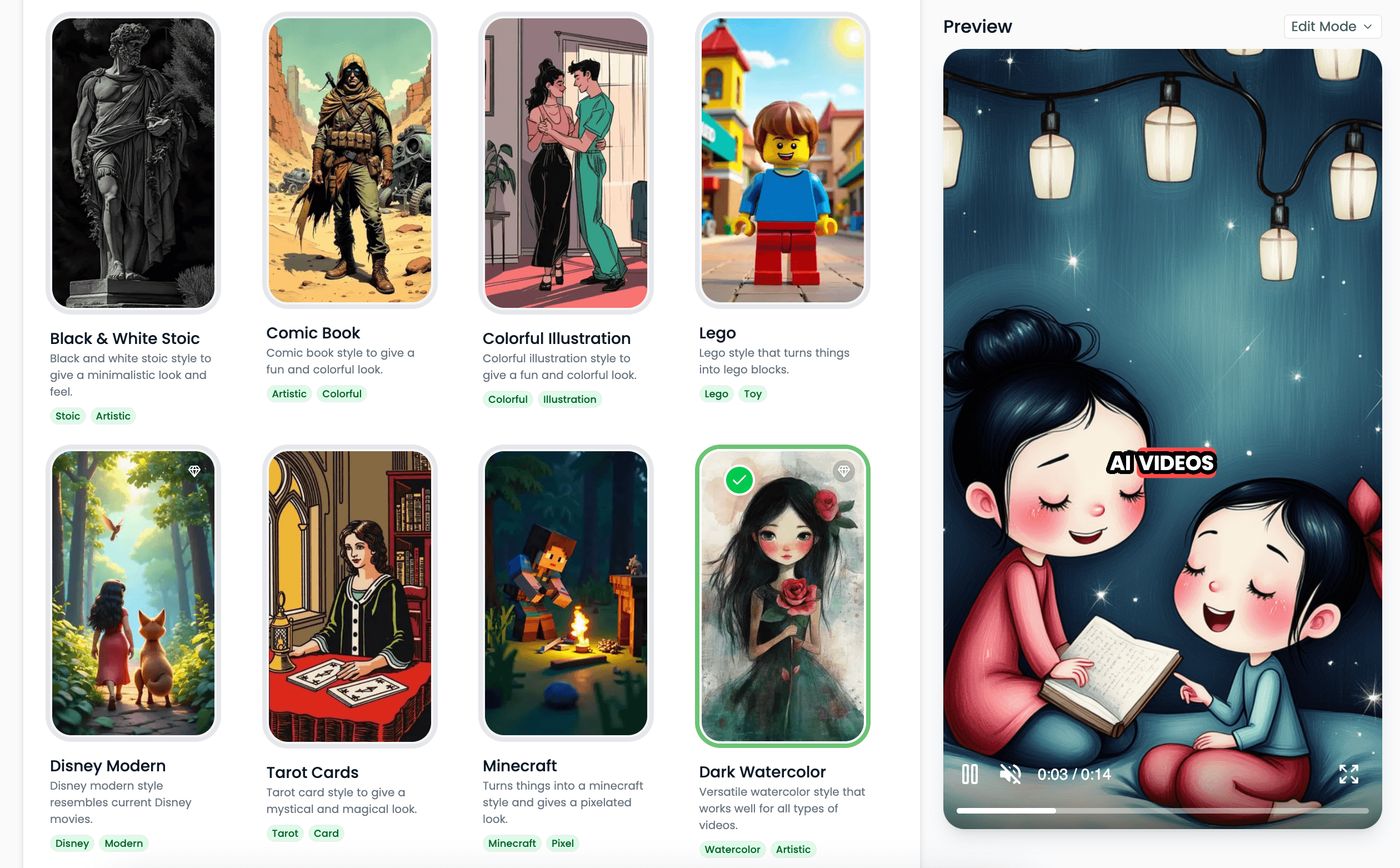 Art style selection in Videnly