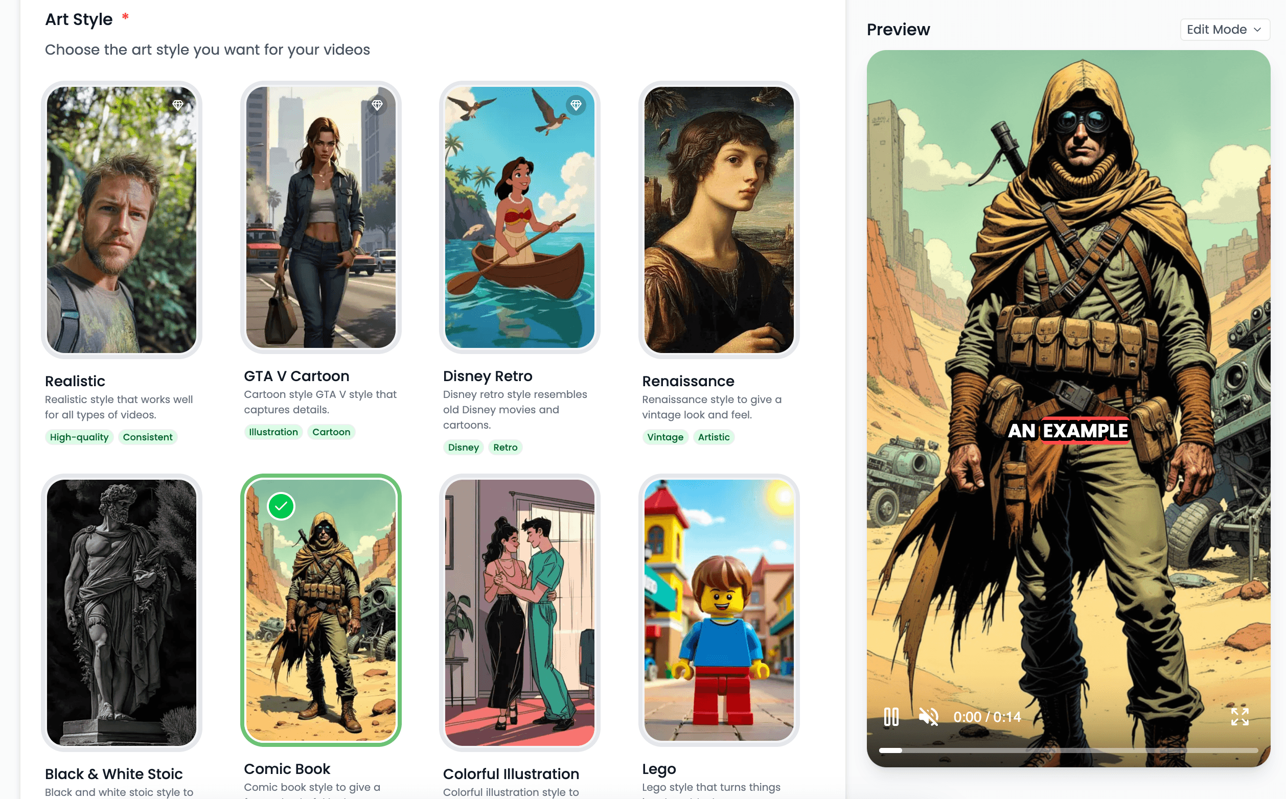 AI Art Styles interface