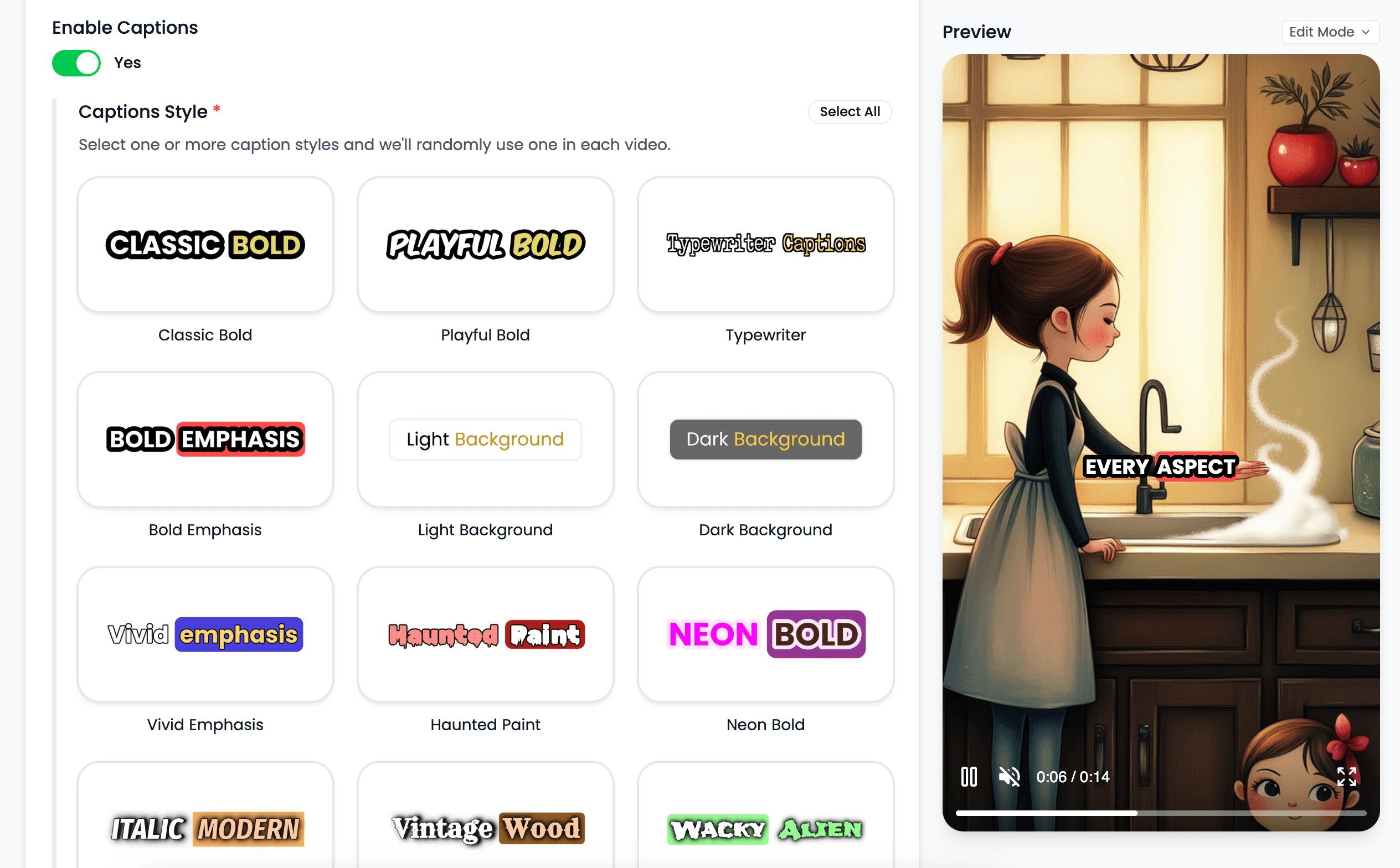Automatic captions interface