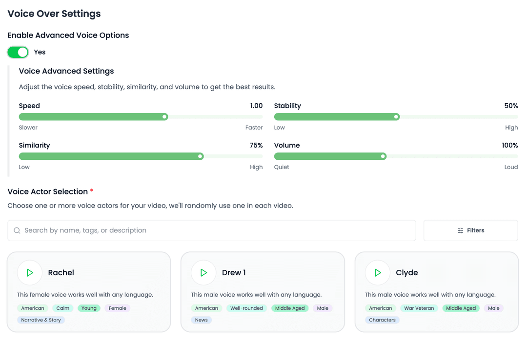 AI Voice selection interface