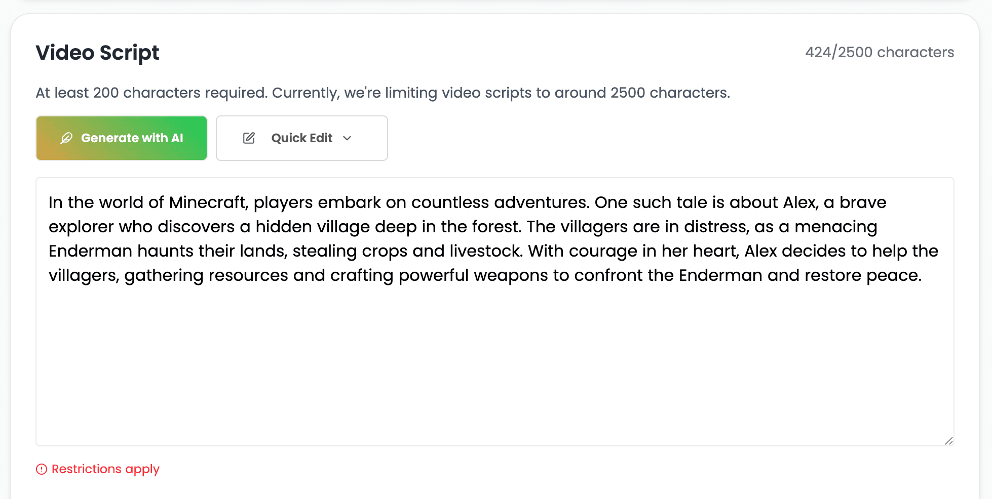 Entering a voiceover script in Videnly