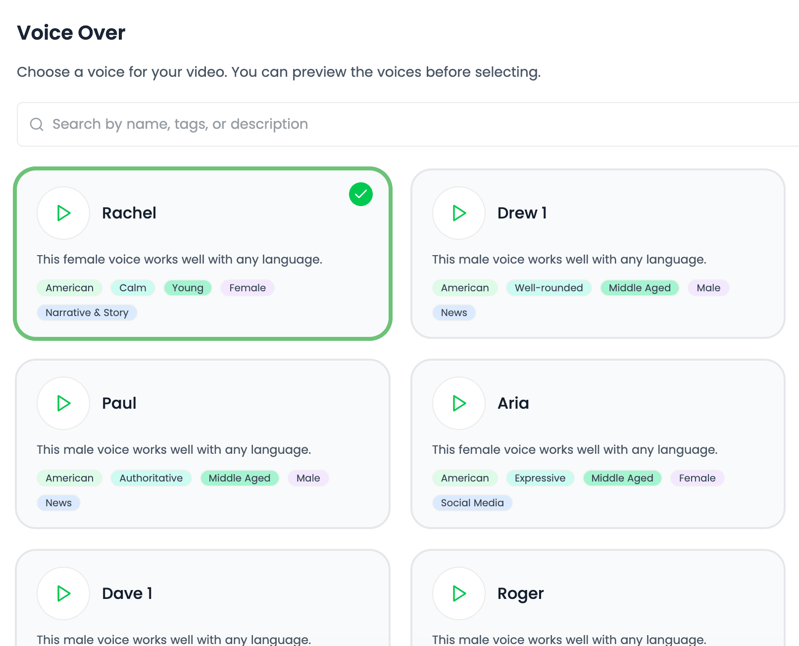 Selecting an AI voice in Videnly