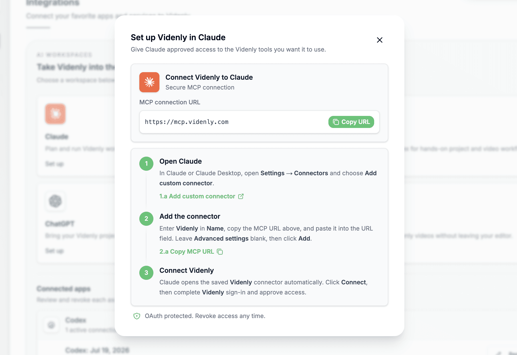 Videnly MCP connection setup instructions for Claude