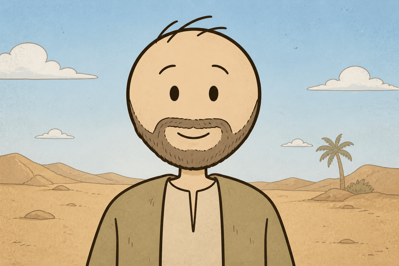 Consistent hand-drawn explainer character in a warm desert setting