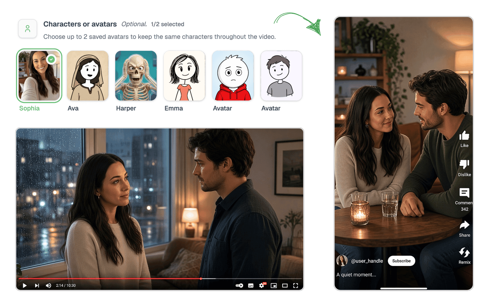 Videnly character selection with consistent characters shown in long-form and short-form video examples