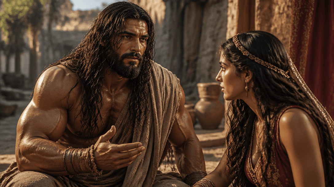The same Samson character speaking with Delilah