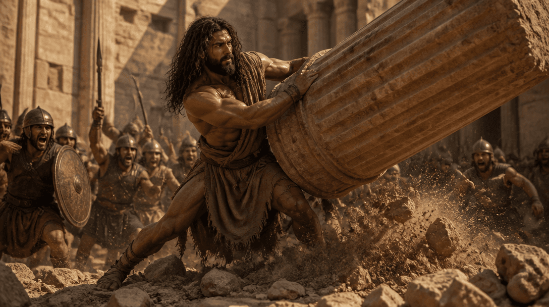 The same Samson character pushing down a stone temple column