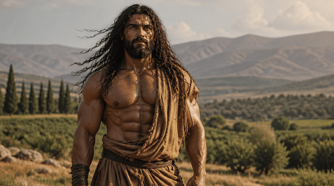 The saved Samson character standing in a sunlit valley