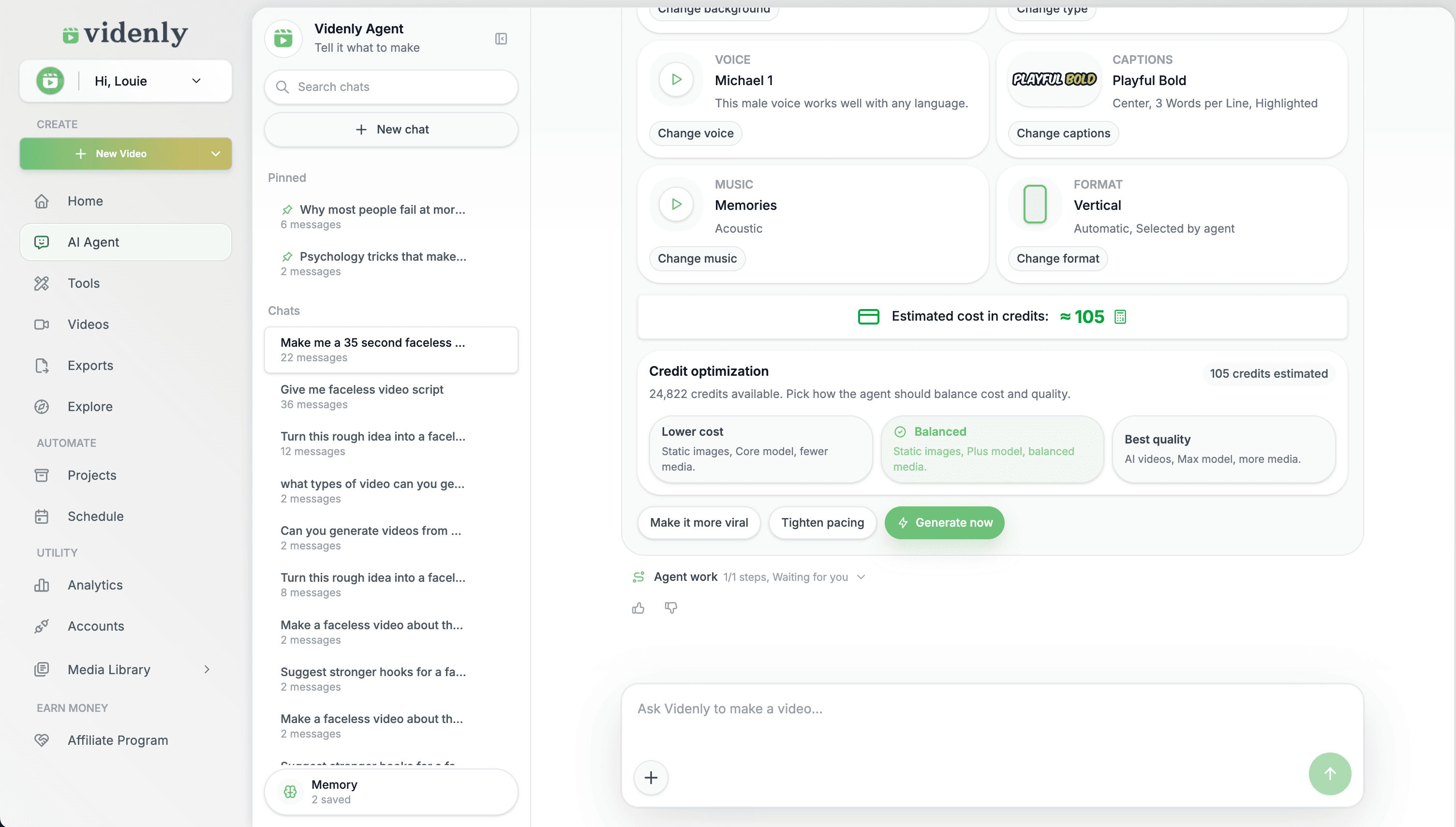 Videnly AI Agent preparing a YouTube video project