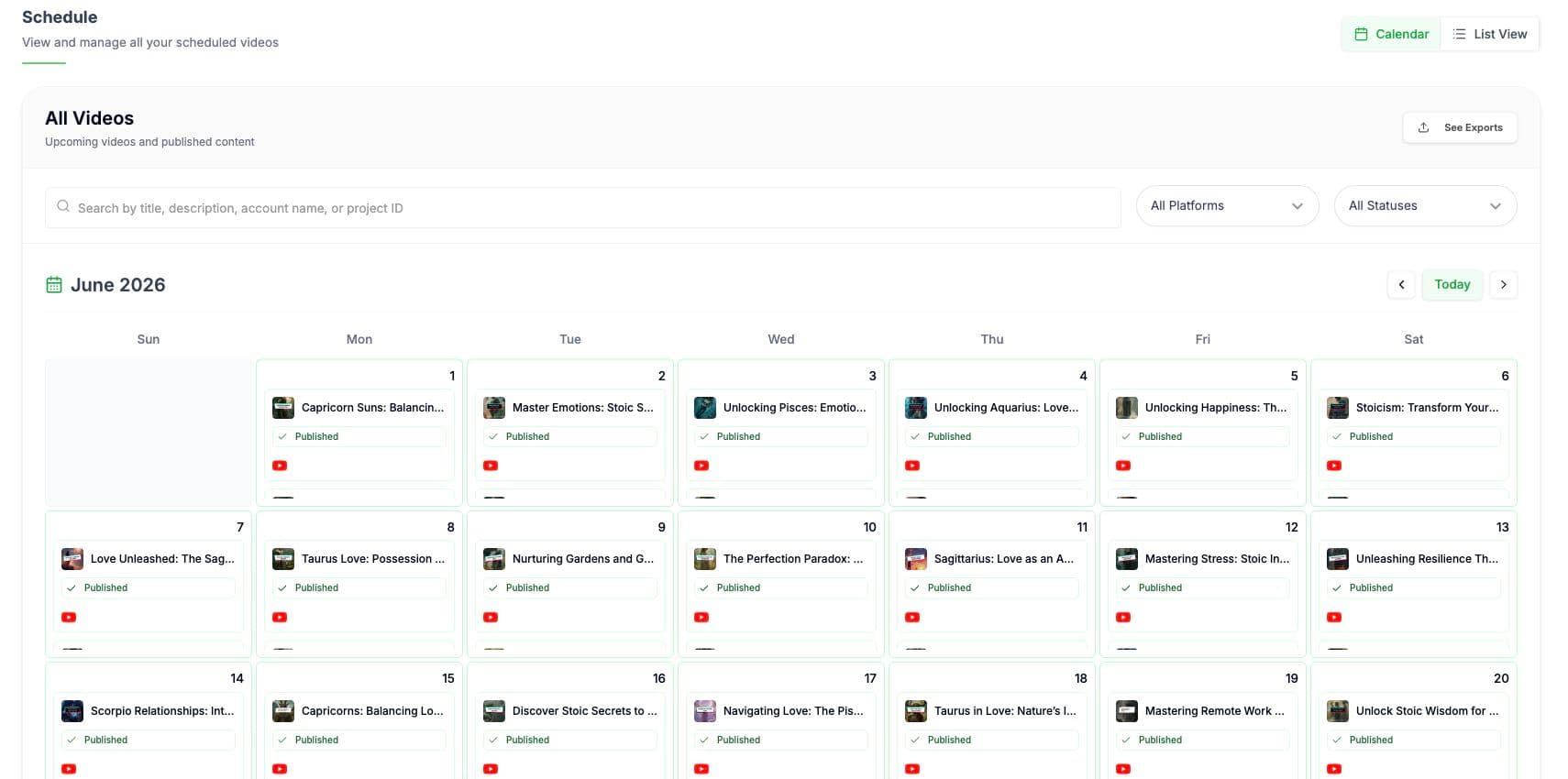 Videnly content calendar showing scheduled and published videos across connected channels