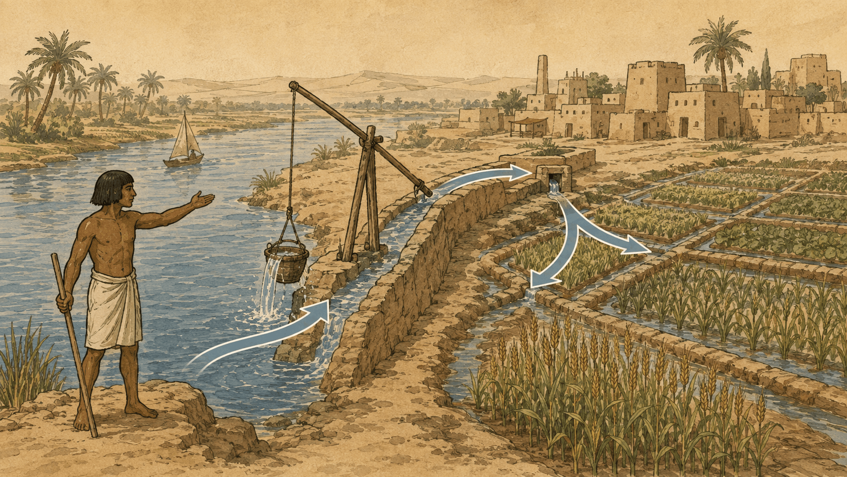 Hand-drawn Nile irrigation explainer showing water moving through a shaduf, canal, and crop basins