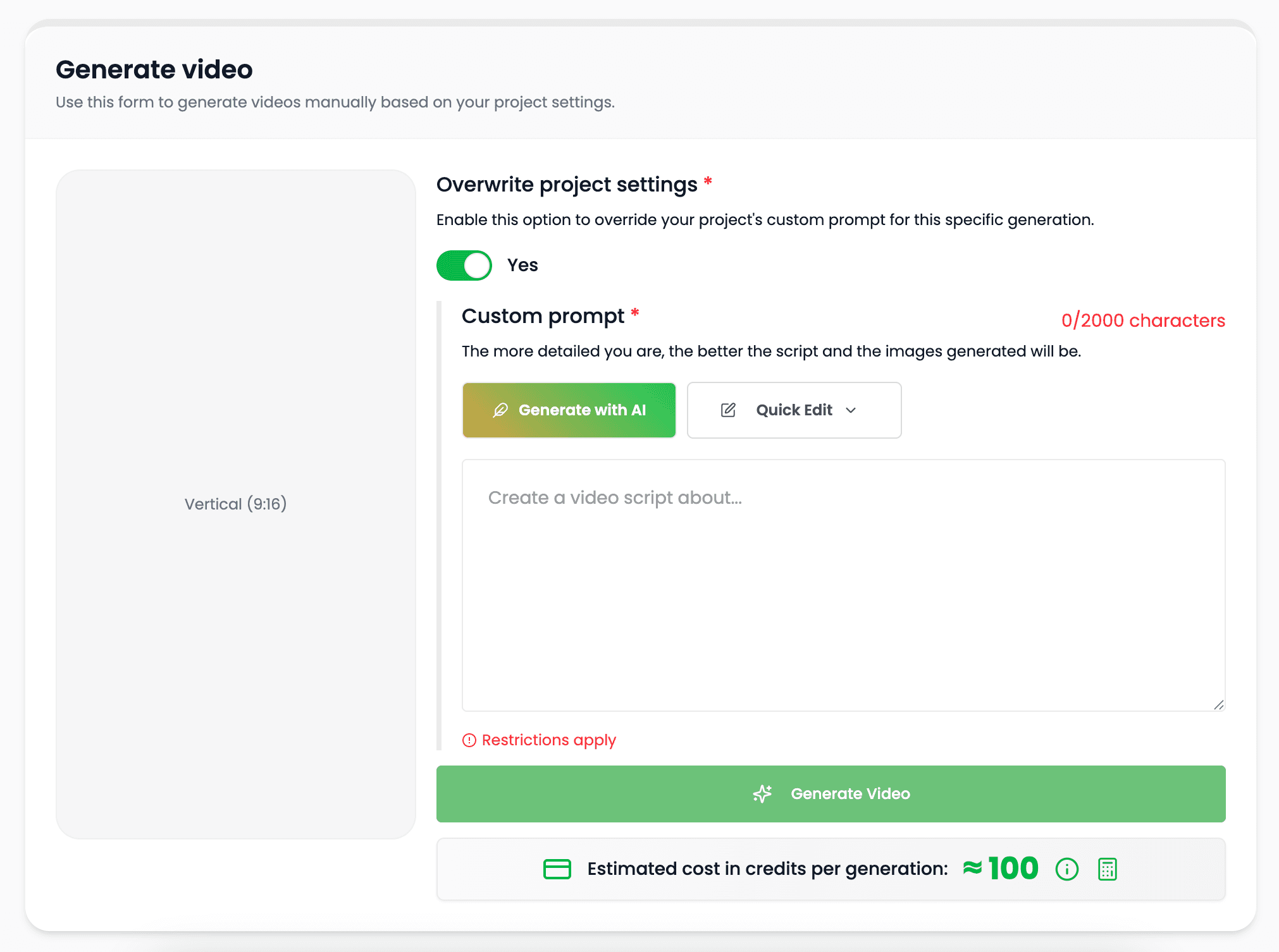 AI video creation tools inside Videnly