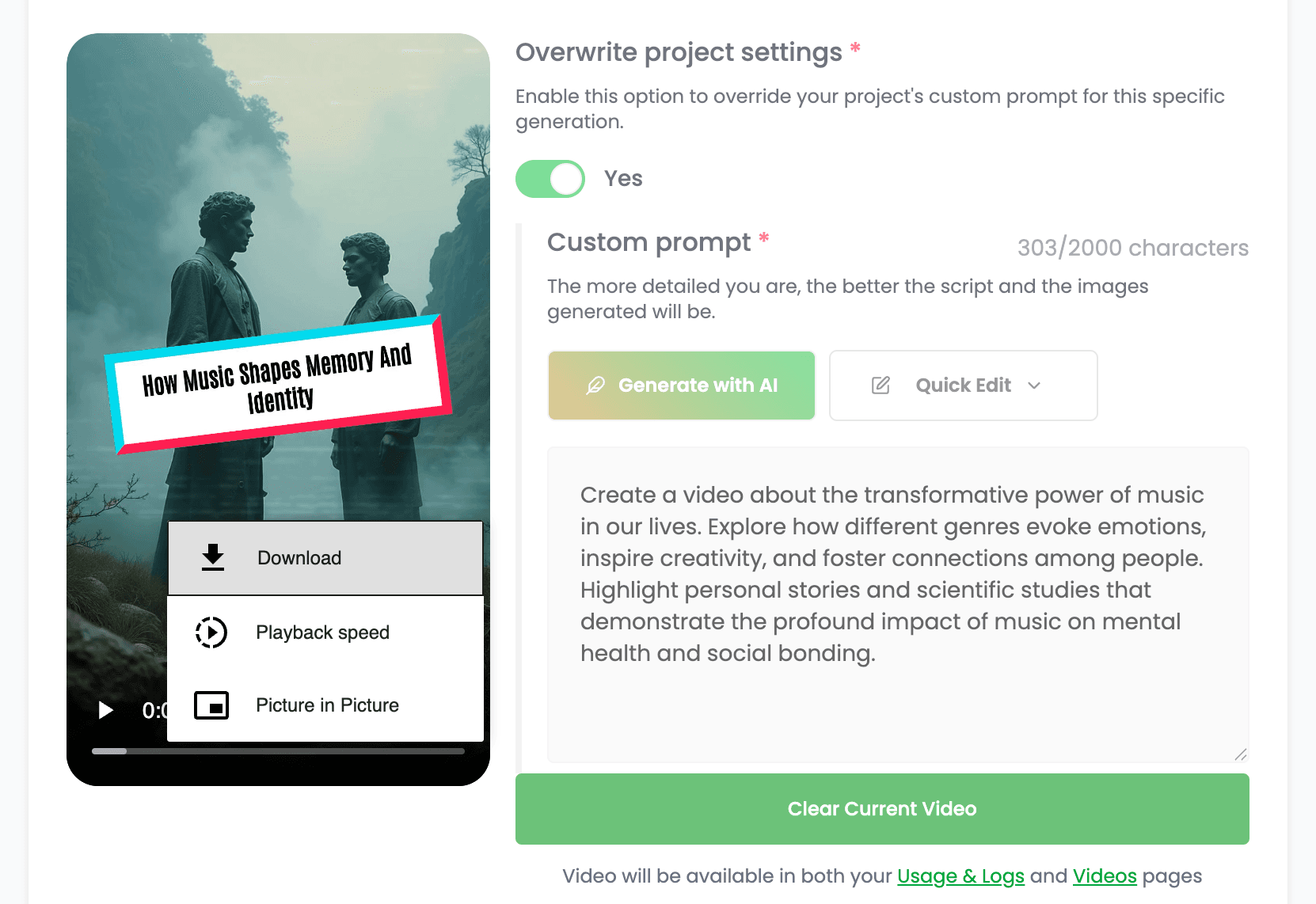 Completed AI video ready to export from Videnly
