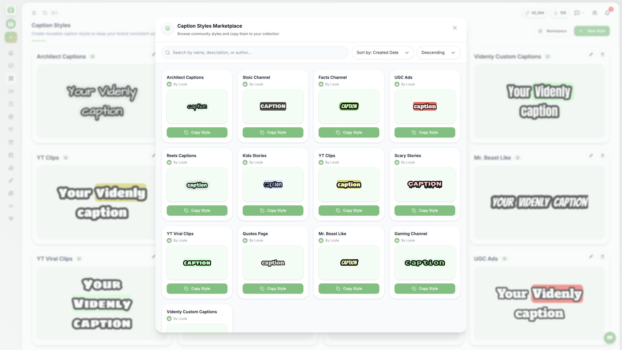 Videnly caption styles marketplace with styles shared by the community